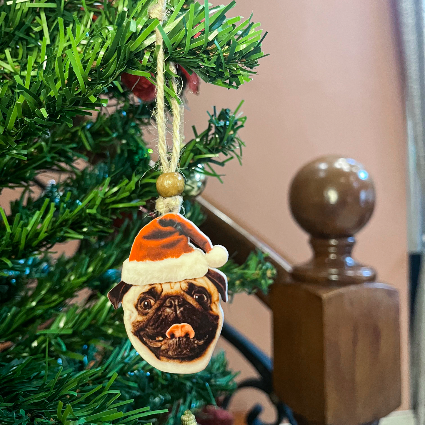 Acrylic Christmas Ornament: Santa Hat Dog