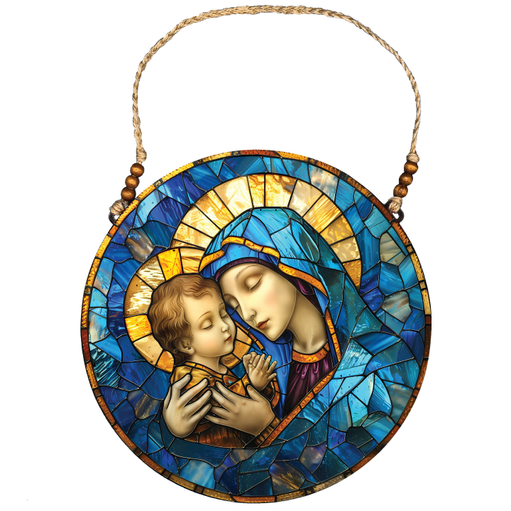 Acrylic Circular Wall Decor: Mary and Jesus Blue