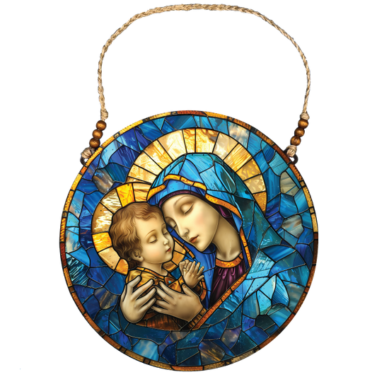 Acrylic Circular Wall Decor: Mary and Jesus Blue